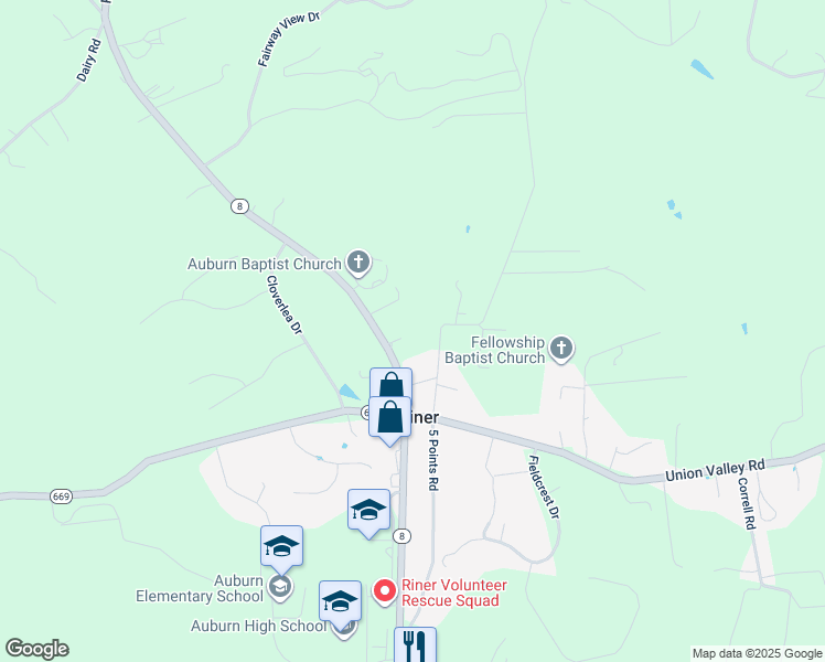 map of restaurants, bars, coffee shops, grocery stores, and more near 3892 Riner Road in Riner