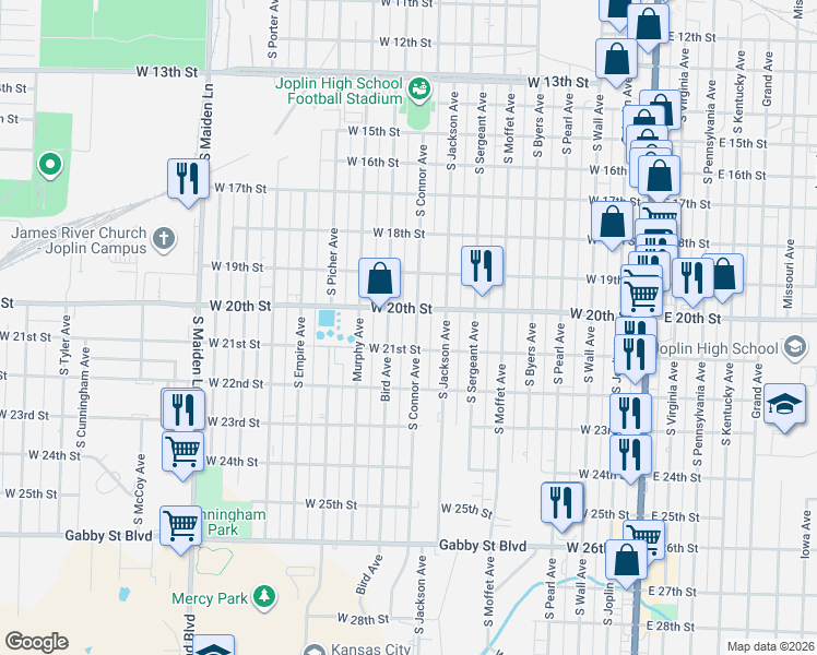 map of restaurants, bars, coffee shops, grocery stores, and more near 2003 Bird Avenue in Joplin
