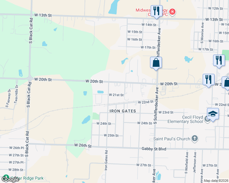 map of restaurants, bars, coffee shops, grocery stores, and more near 3303 West 21st Street in Joplin