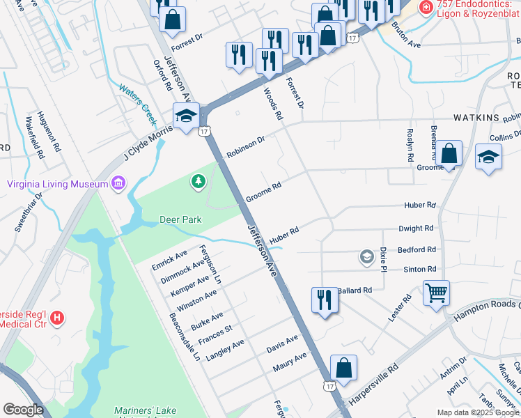 map of restaurants, bars, coffee shops, grocery stores, and more near 11430 Jefferson Avenue in Newport News