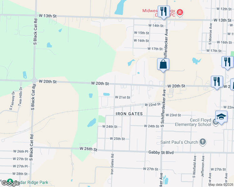 map of restaurants, bars, coffee shops, grocery stores, and more near 3303 W 21st St in Joplin