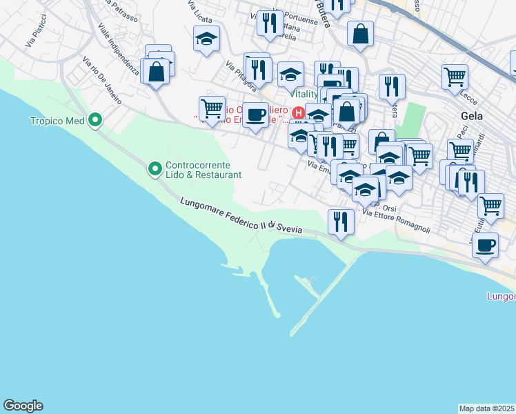 map of restaurants, bars, coffee shops, grocery stores, and more near 153 Via Europa in Gela