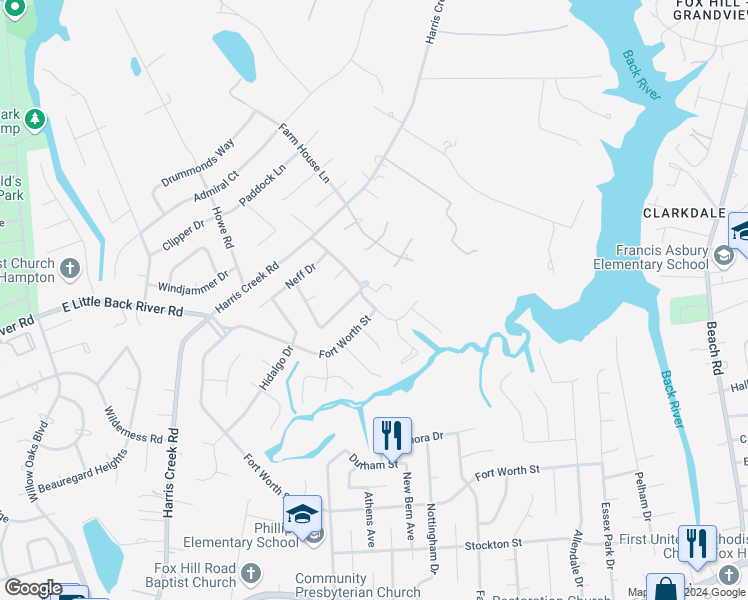map of restaurants, bars, coffee shops, grocery stores, and more near 29 Harris Landing Road in Hampton