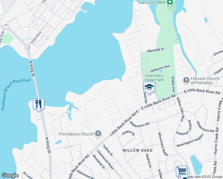 map of restaurants, bars, coffee shops, grocery stores, and more near 40 Old Meribeth Road in Hampton