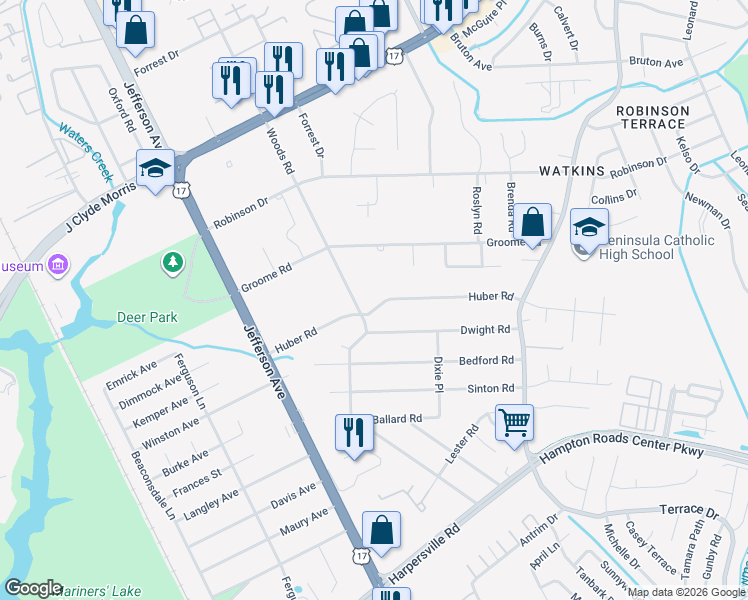 map of restaurants, bars, coffee shops, grocery stores, and more near 71 Huber Road in Newport News
