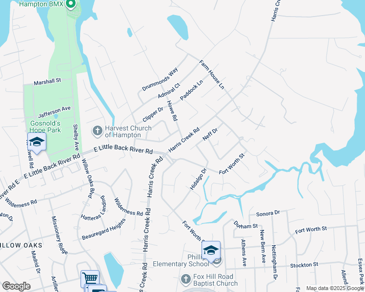 map of restaurants, bars, coffee shops, grocery stores, and more near 110 Harris Creek Road in Hampton