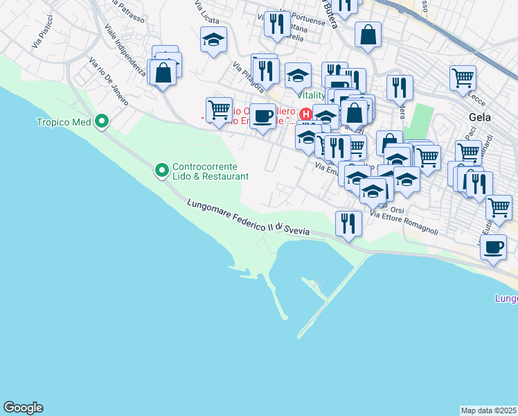 map of restaurants, bars, coffee shops, grocery stores, and more near 153 Via Europa in Gela