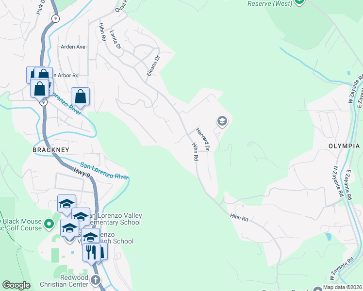 map of restaurants, bars, coffee shops, grocery stores, and more near 8111 Hihn Road in Ben Lomond