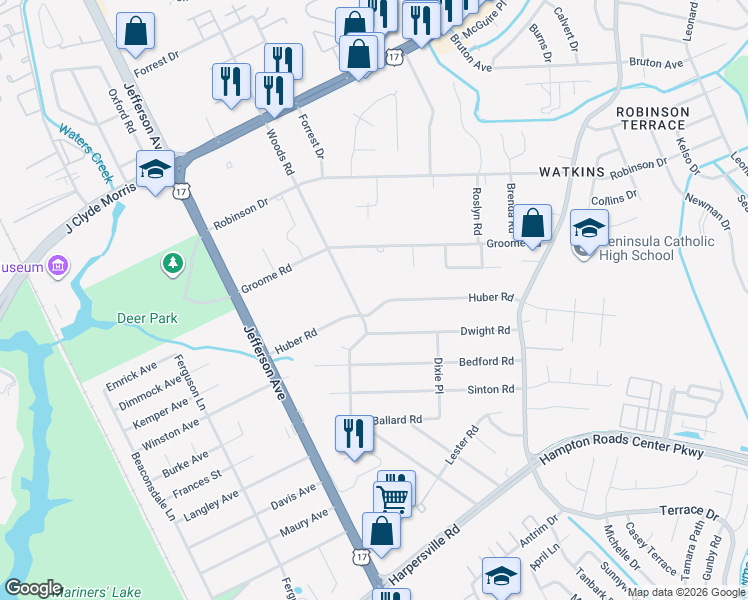map of restaurants, bars, coffee shops, grocery stores, and more near 71 Huber Road in Newport News