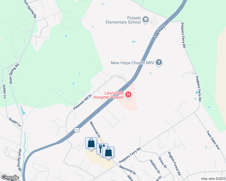 map of restaurants, bars, coffee shops, grocery stores, and more near 2310 Pleasant Hill Drive in Pulaski