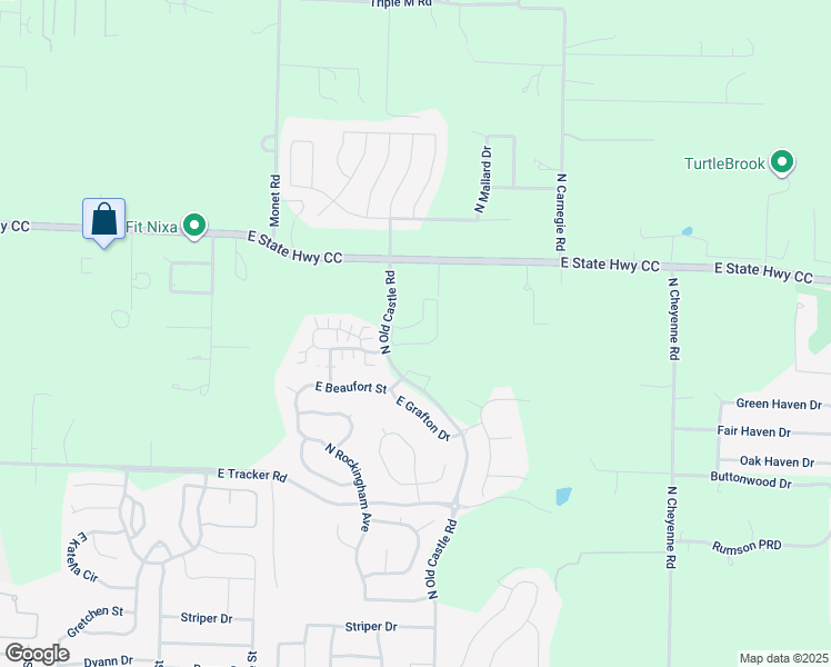 map of restaurants, bars, coffee shops, grocery stores, and more near 1538 North Old Castle Road in Nixa
