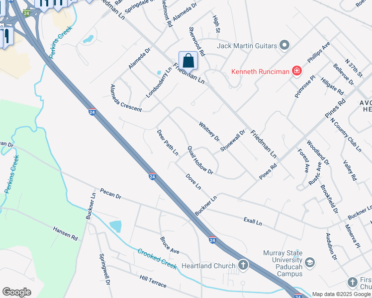 map of restaurants, bars, coffee shops, grocery stores, and more near 4600 Quail Hollow Drive in Paducah