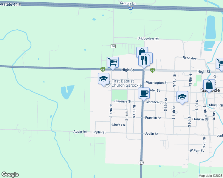 map of restaurants, bars, coffee shops, grocery stores, and more near 101 South 17th Street in Sarcoxie