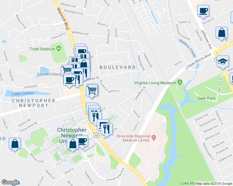 map of restaurants, bars, coffee shops, grocery stores, and more near 28 Welford Lane in Newport News