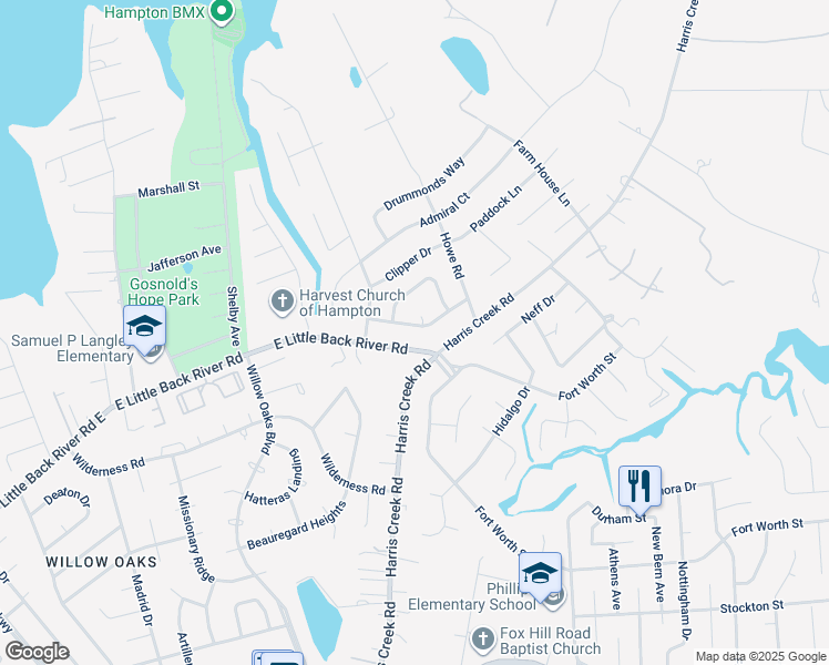map of restaurants, bars, coffee shops, grocery stores, and more near 1044 Windjammer Drive in Hampton