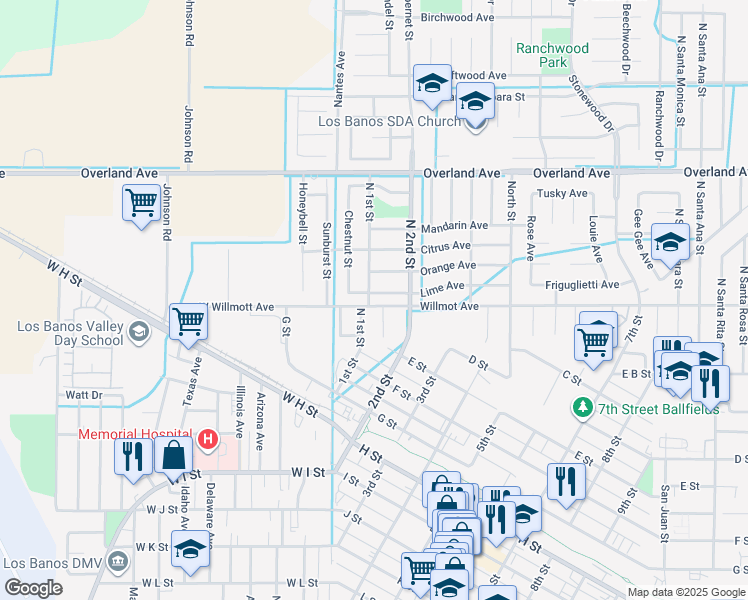 map of restaurants, bars, coffee shops, grocery stores, and more near 107 Lime Avenue in Los Banos