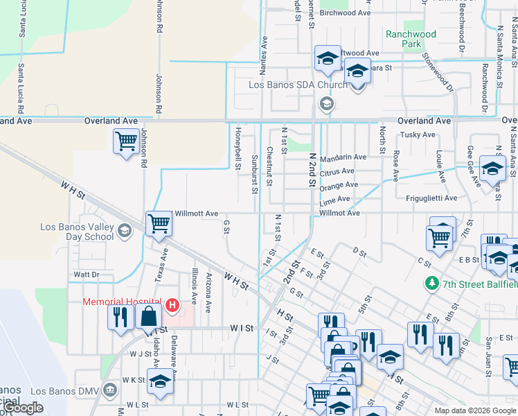 map of restaurants, bars, coffee shops, grocery stores, and more near 229 Chestnut Street in Los Banos