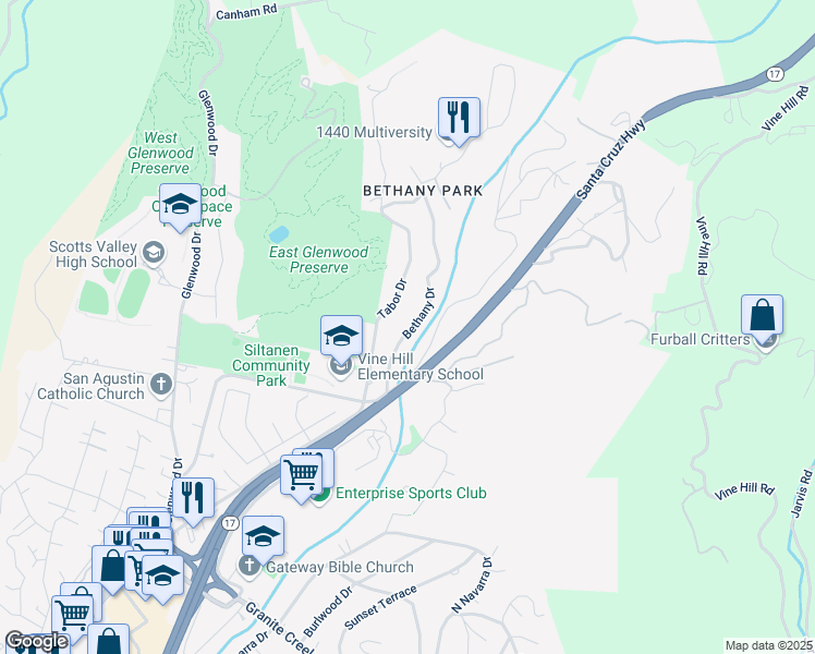 map of restaurants, bars, coffee shops, grocery stores, and more near 265 Bethany Drive in Scotts Valley