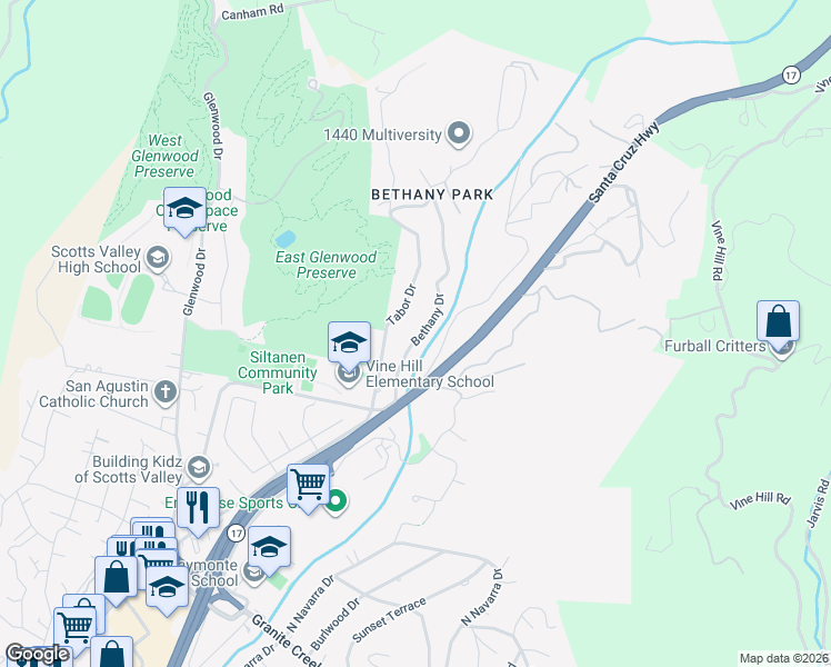 map of restaurants, bars, coffee shops, grocery stores, and more near 265 Bethany Drive in Scotts Valley
