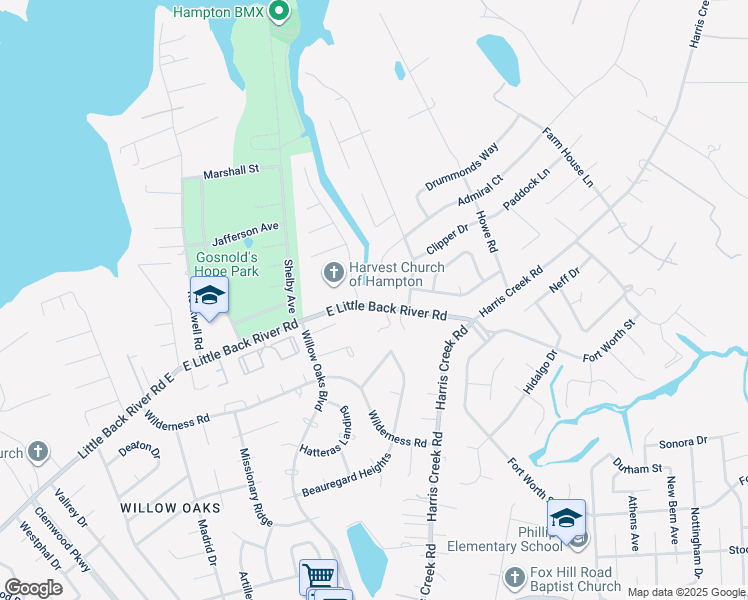 map of restaurants, bars, coffee shops, grocery stores, and more near 1019 Little Back River Road in Hampton
