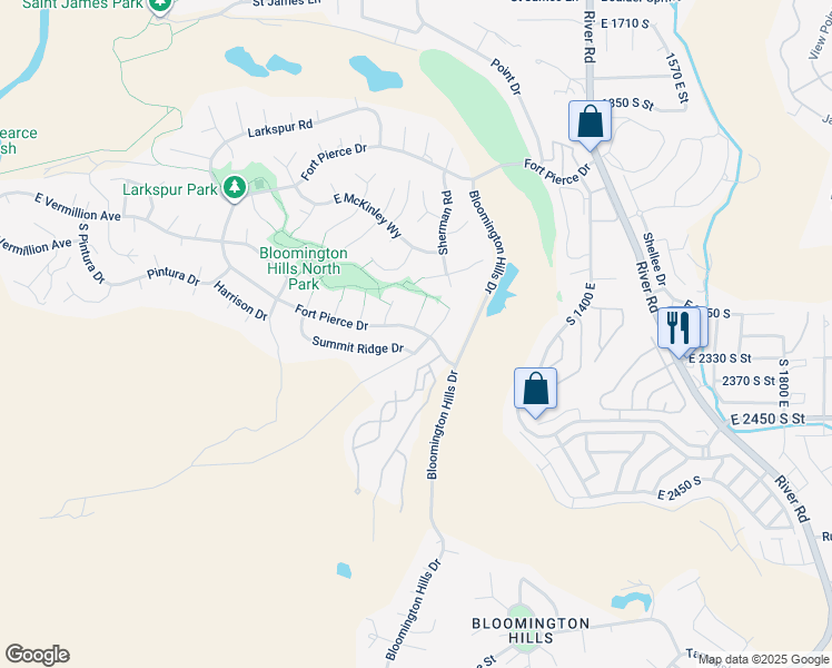 map of restaurants, bars, coffee shops, grocery stores, and more near 1613 Fort Pierce Drive in St. George