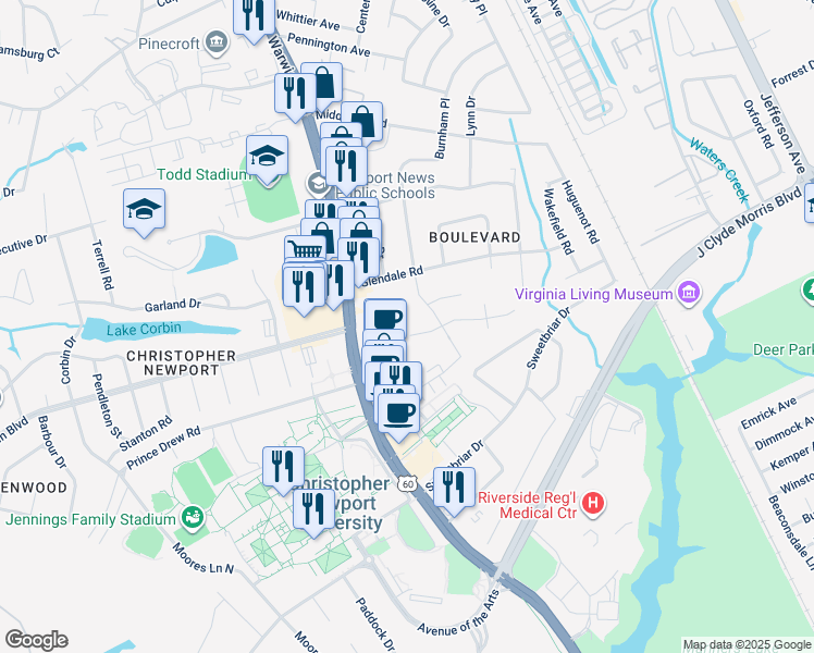 map of restaurants, bars, coffee shops, grocery stores, and more near 13 Welford Ln in Newport News