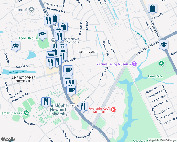 map of restaurants, bars, coffee shops, grocery stores, and more near 30 Welford Lane in Newport News
