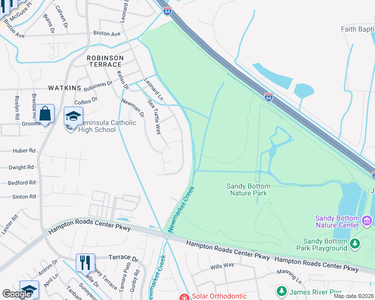 map of restaurants, bars, coffee shops, grocery stores, and more near 577 Leonard Lane in Newport News
