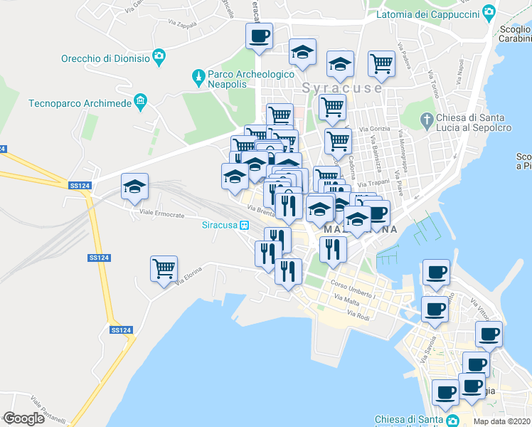map of restaurants, bars, coffee shops, grocery stores, and more near 65 Via Brenta in Syracuse