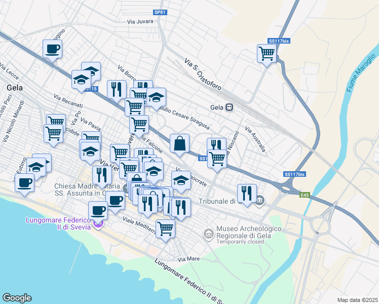 map of restaurants, bars, coffee shops, grocery stores, and more near 104 Via Venezia in Gela