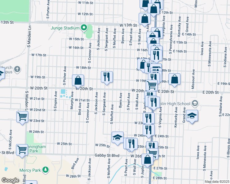 map of restaurants, bars, coffee shops, grocery stores, and more near 2001 South Moffet Avenue in Joplin