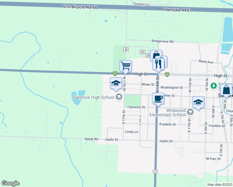 map of restaurants, bars, coffee shops, grocery stores, and more near 101 South 17th Street in Sarcoxie