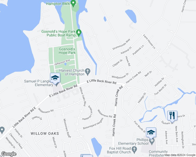 map of restaurants, bars, coffee shops, grocery stores, and more near 1019 Little Back River Road in Hampton