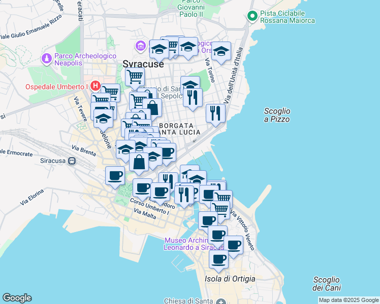 map of restaurants, bars, coffee shops, grocery stores, and more near 4 Riviera Dionisio Il Grande in Siracusa
