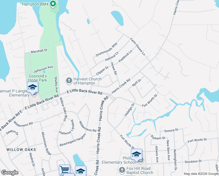 map of restaurants, bars, coffee shops, grocery stores, and more near 1052 Windjammer Drive in Hampton