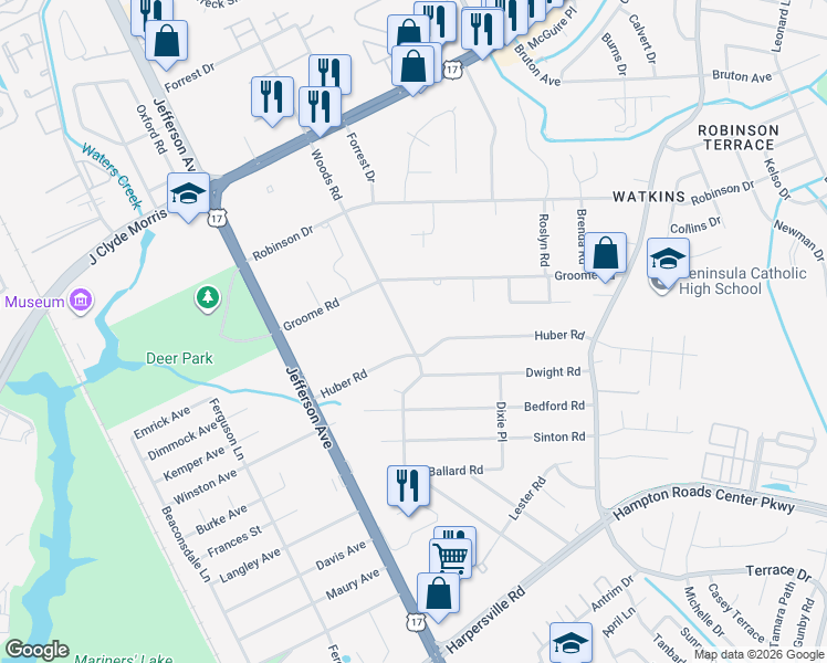 map of restaurants, bars, coffee shops, grocery stores, and more near 514 Woods Road in Newport News