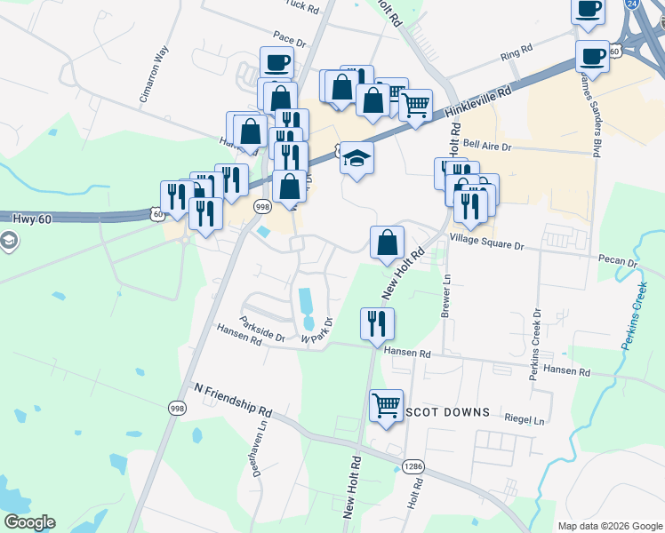 map of restaurants, bars, coffee shops, grocery stores, and more near 2119 West Park Drive in Paducah