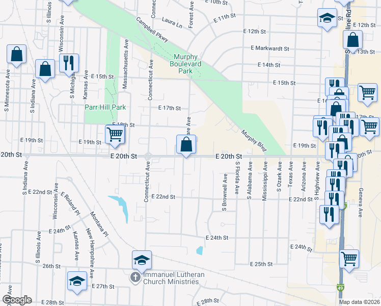 map of restaurants, bars, coffee shops, grocery stores, and more near 2203 East 20th Street in Joplin