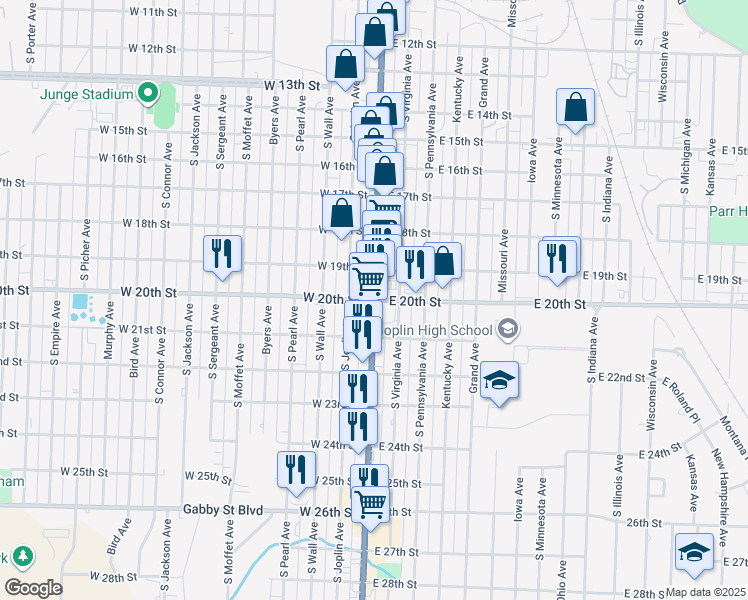 map of restaurants, bars, coffee shops, grocery stores, and more near 101 East 20th Street in Joplin