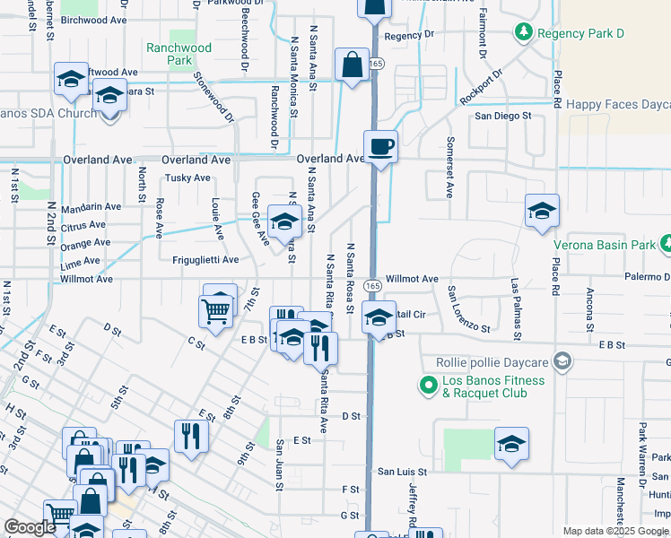 map of restaurants, bars, coffee shops, grocery stores, and more near 208 North Santa Rita Street in Los Banos
