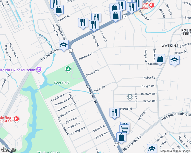 map of restaurants, bars, coffee shops, grocery stores, and more near 11430 Jefferson Avenue in Newport News