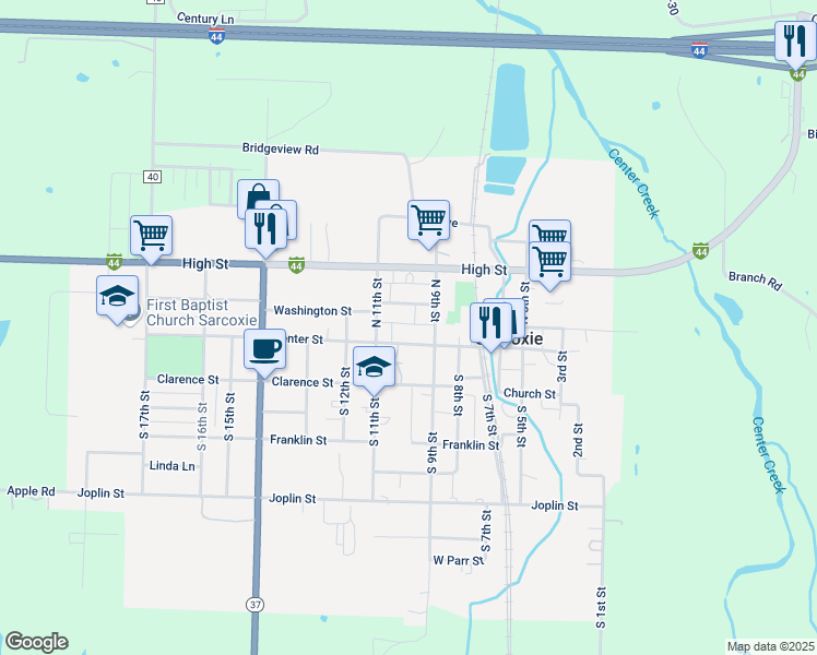 map of restaurants, bars, coffee shops, grocery stores, and more near 909 Center Street in Sarcoxie