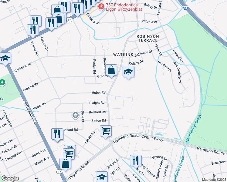 map of restaurants, bars, coffee shops, grocery stores, and more near 588 Harpersville Road in Newport News