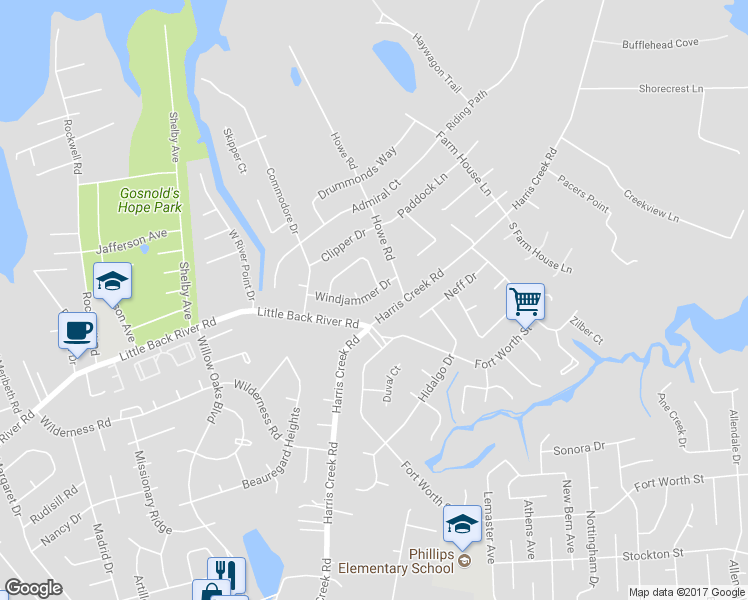 map of restaurants, bars, coffee shops, grocery stores, and more near 1052 Windjammer Drive in Hampton