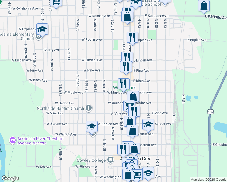 map of restaurants, bars, coffee shops, grocery stores, and more near 276 West Maple Avenue in Arkansas City
