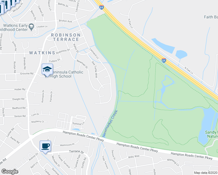 map of restaurants, bars, coffee shops, grocery stores, and more near 577 Leonard Lane in Newport News