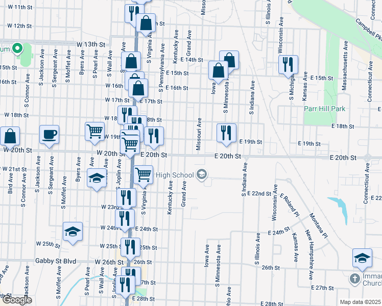 map of restaurants, bars, coffee shops, grocery stores, and more near 509 East 20th Street in Joplin