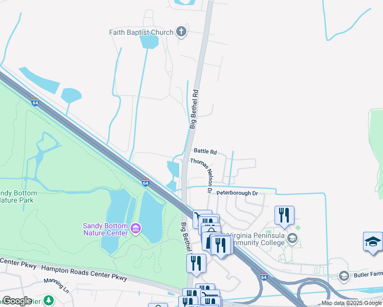 map of restaurants, bars, coffee shops, grocery stores, and more near 2 Battle Rd in Hampton