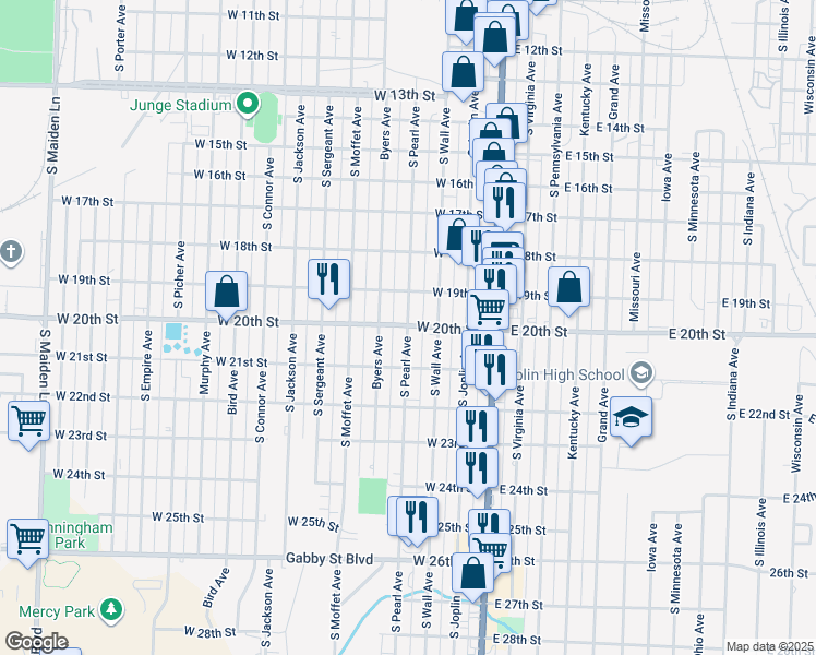 map of restaurants, bars, coffee shops, grocery stores, and more near 398 West 20th Street in Joplin