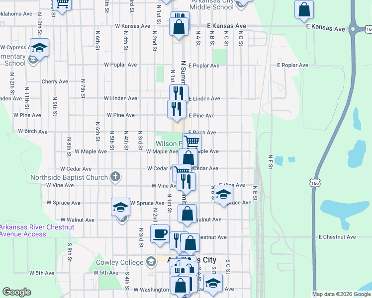 map of restaurants, bars, coffee shops, grocery stores, and more near 701 South Summit Street in Arkansas City